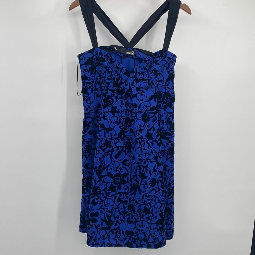 Moschino Blue and Black Floral Velvet Accent Dress Size 8